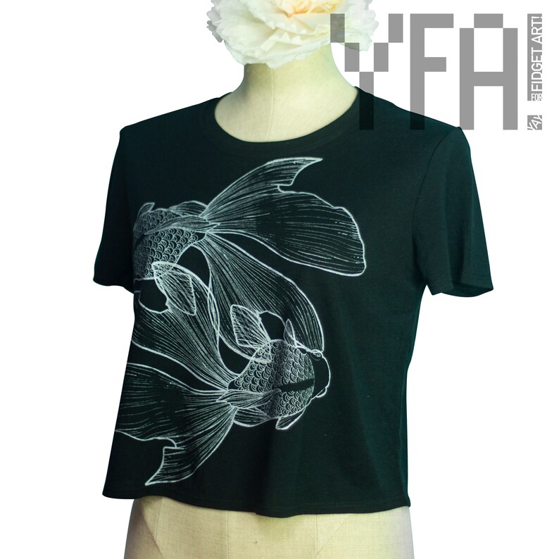 Japanese Goldfish Black Crop Top Handprinted T-Shirt Ready to Ship image 2