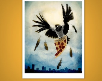 Pizza Slice Thief Pied Crow 11x14 Art Print | Giclee Illustration | Weird and Funny