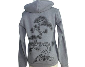 Japanese Pine Tree Organic Zip Hoodie | Sumi-e Style | Unisex Fit | Made to Order