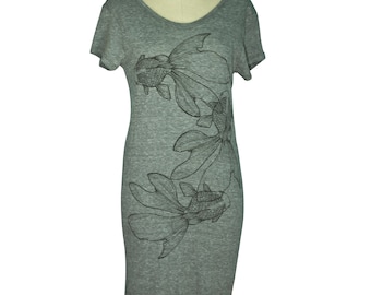 Eco Grey Japanese Goldfish Kingyo T-Shirt Dress for Women | Screen Printed | Limited Stock | Ready to Ship