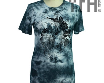 Cloud Tie Dye Fighting Koi Fish Handprinted T-Shirt | Japanese Carp Tee | For Men and Women | Made to Order