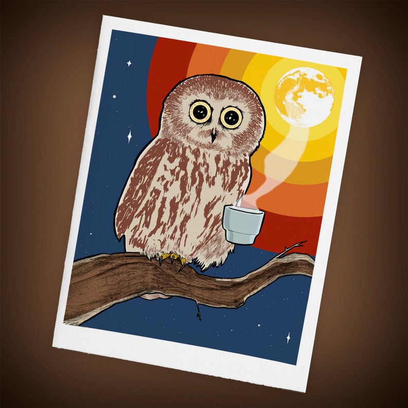 Wired Coffee Owl Single Greeting Card Size A2 Mini Art Made to Order in USA image 1