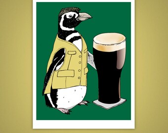 May include: A cartoon penguin wearing a yellow vest and a black and white patterned shirt holds a glass of dark beer. The penguin is standing on a green background.