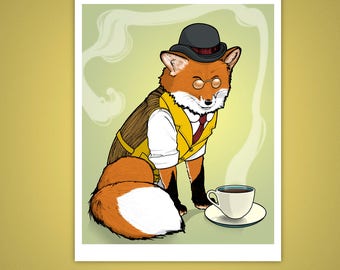 Dapper Red Fox Tea Time 11x14 Art Print | Giclee Illustration for Reading Nook