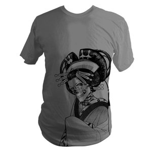 May include: A gray t-shirt with a black and white illustration of a geisha skull wearing a traditional Japanese headdress.