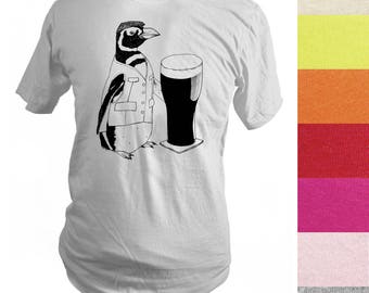 Beer Penguin T-Shirt | Handprinted Cotton Tee | Made to Order