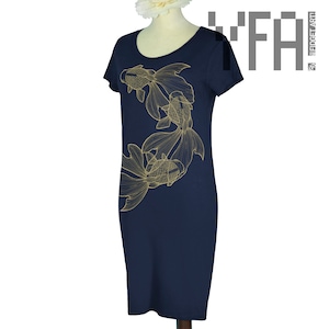 May include: A navy blue dress with a gold outline of three goldfish on the front. The dress has short sleeves and a scoop neck.