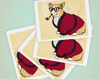 May include: Four illustrations of a corgi wearing a red robe and glasses, holding a pipe. The corgi is in different poses on a light yellow background.