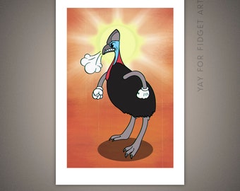 Angry Cassowary 4x6" Art Print | 1930s Cartoon Style | Giclee Illustration | Weird and Funny