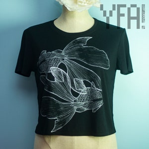 Japanese Goldfish Black Crop Top Handprinted T-Shirt Ready to Ship image 1
