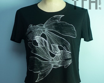 Japanese Goldfish Black Crop Top | Handprinted T-Shirt | Ready to Ship