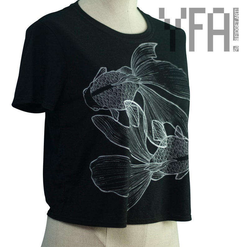 Japanese Goldfish Black Crop Top Handprinted T-Shirt Ready to Ship image 3