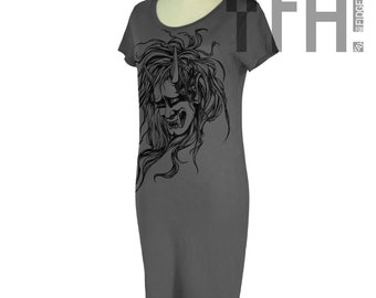 Japanese Oni Head T-Shirt Dress | Asphalt Grey | Organic Bamboo | Ready to Ship