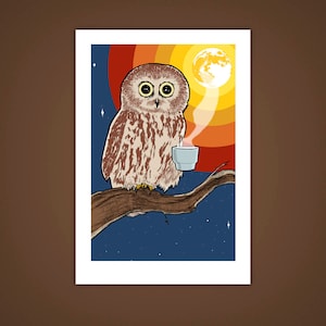 May include: A brown and white owl with large eyes sits on a branch with a small cup of coffee in its hand. The owl is perched against a background of a sunset with a full moon.