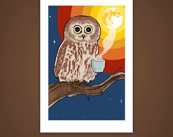 Coffee Owl Art Print | Gifts for Grads | 4x6" or 5x7" Sizes