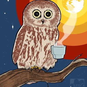 May include: A brown and white owl with large yellow eyes sits on a branch holding a blue cup of steaming coffee. The owl is perched against a background of a yellow moon and orange and red sunset.