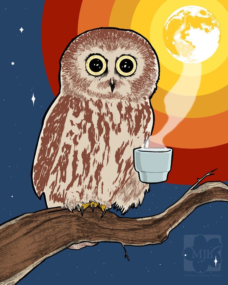 May include: A brown and white owl with large yellow eyes sits on a branch holding a blue cup of steaming coffee. The owl is perched against a background of a yellow moon and orange and red sunset.