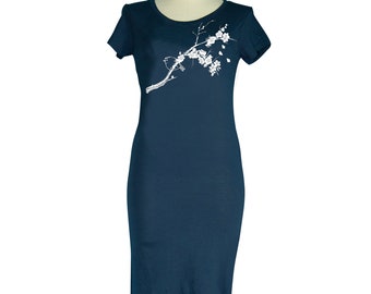 Bird and Flowers Bamboo T-Shirt Dress | Screen Printed | Women's Graphic Tunic | Made to Order