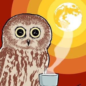 May include: A brown owl with large, round eyes sits in front of a steaming cup of coffee. The background is a series of orange and yellow concentric circles.