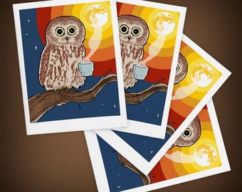 Coffee Owl Blank Greeting Cards Size A2 | Set of FOUR | Any Occasion | For Grads