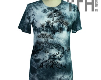 Cloud Tie Dye Japanese Pine Tree Handprinted T-Shirt | Sumi-e Style Tee | For Men and Women | Made to Order