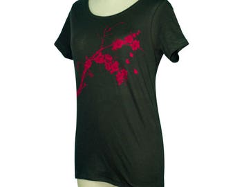 T-shirt met ronde hals van vogels en bloesems | Biologische bamboe | Zwart T-shirt met grafische print
