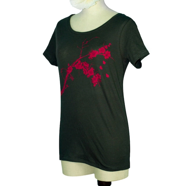 Bird and Blossoms Scoop Neck T-Shirt | Organic Bamboo | Black Graphic Tee