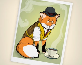 Fancy Red Fox Tea Time Single Blank Greeting Card | Size A2 Single | Mini Art | Matte Finish | Made in USA