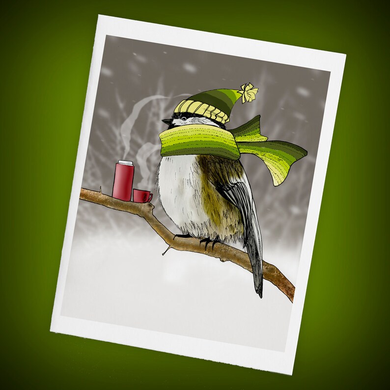 Chickadee Bird in Snowstorm Blank Greeting Cards | Set of Four | Size A2 Notecards zdjęcie 2