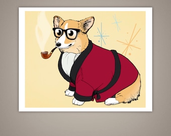 May include: A cartoon illustration of a corgi wearing a red robe and glasses, holding a pipe. The corgi is sitting on a yellow background with white stars.