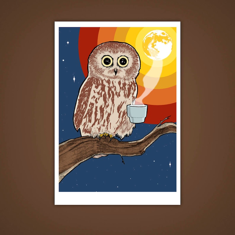 Night Owl Art Print For Coffee Lovers Gifts for Grads Rainbow Full Moon image 1
