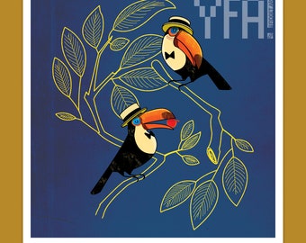 Toucan verkering 8x8 illustratie Giclee Art Print | Midcentury-geïnspireerd | LGBT-liefde wanddecoratie | Op bestelling gemaakt