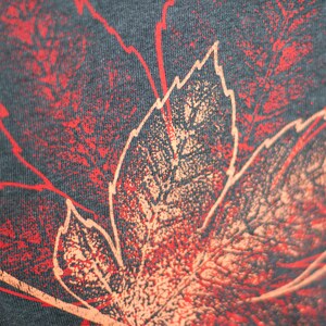 May include: Close-up of a dark gray fabric with a red and orange floral print. The print features a stylized leaf design with intricate details.