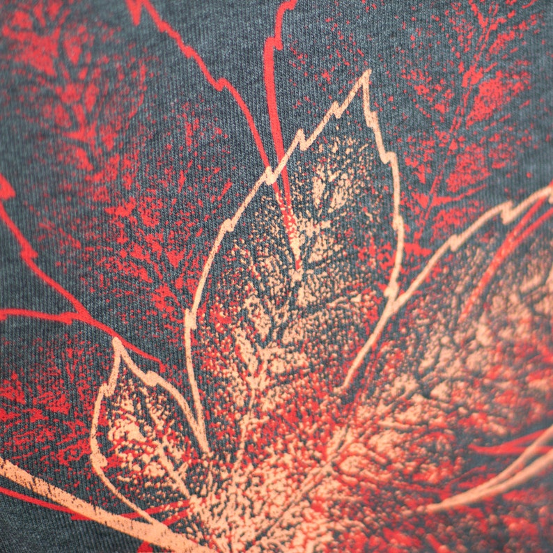 May include: Close-up of a dark gray fabric with a red and orange floral print. The print features a stylized leaf design with intricate details.