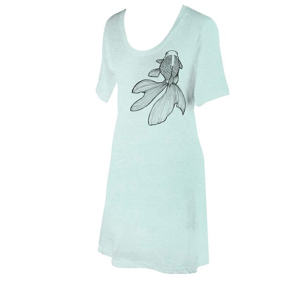 Japanese Goldfish Kingyo T-Shirt Dress for Women | Ash Grey Seafoam | Screen Printed