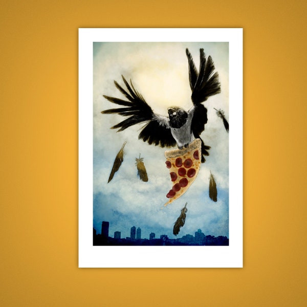 Crow Art Print | For Pizza Lovers | 4x6 Bird Drawing | Funny Gifts