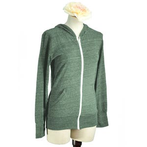 May include: A green heather zip-up hoodie with a white zipper and a hood. The hoodie is on a mannequin.