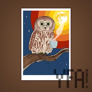 Coffee Owl Art Print | Gifts for Grads | 4x6" or 5x7" Sizes 5x7"