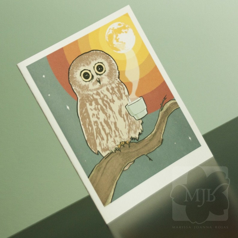 Wired Coffee Owl Single Greeting Card Size A2 Mini Art Made to Order in USA image 2