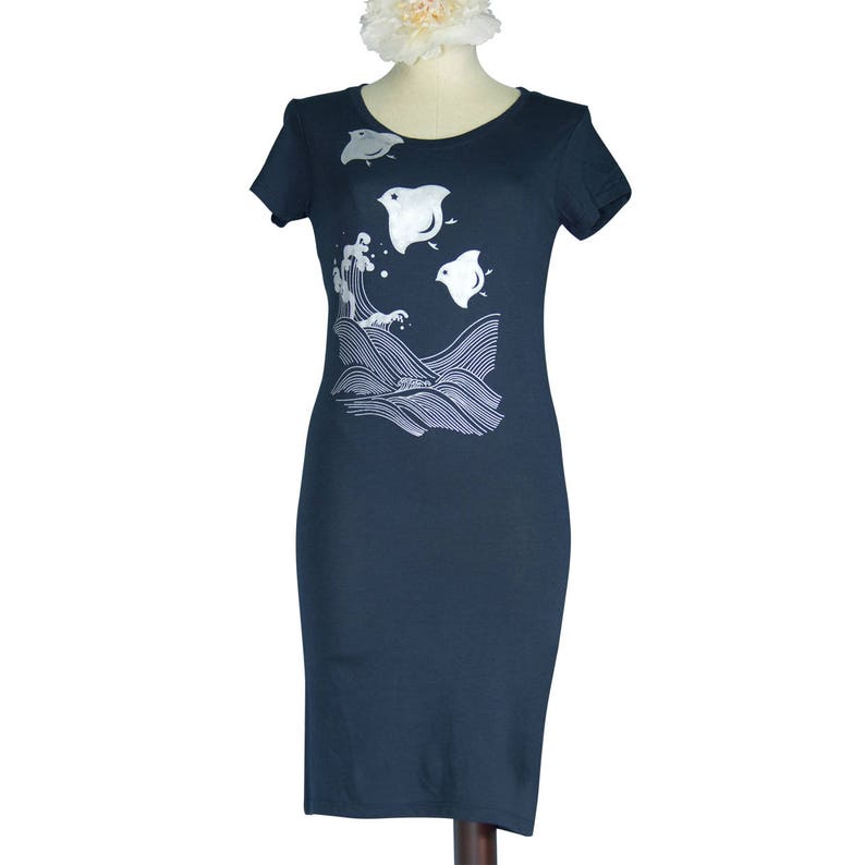 Japanese Chidori Bamboo T-Shirt Dress Screen Printed Hand Painted Made to Order image 3