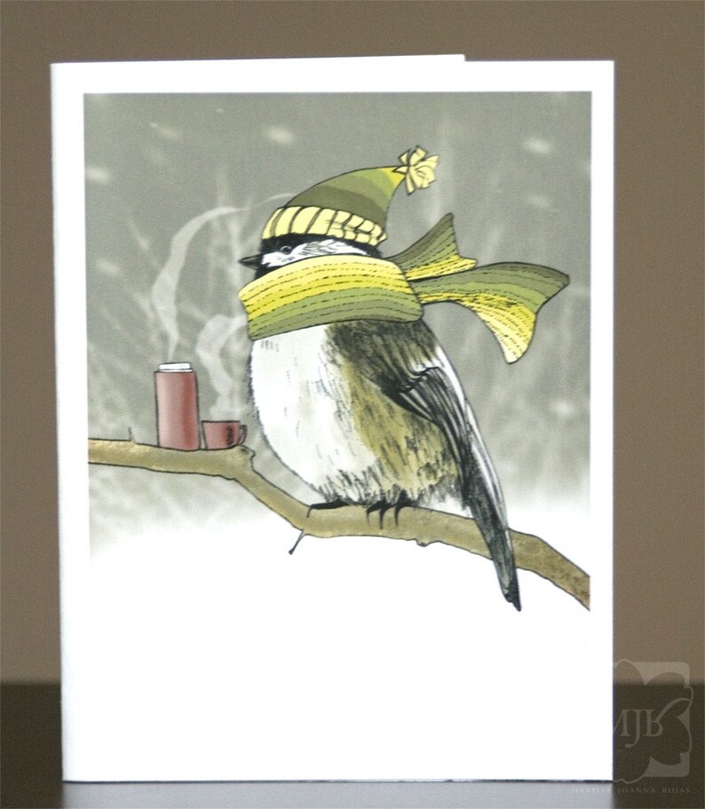 Chickadee Bird in Snowstorm Blank Greeting Cards | Set of Four | Size A2 Notecards zdjęcie 3