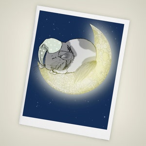 May include: A gray and white chinchilla wearing a blue and white star patterned sleep cap is sleeping on a crescent moon against a dark blue starry night sky.