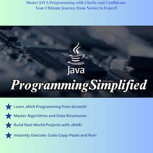 Może przedstawiać: Grafika w kolorze niebieskim i białym z tekstem "JAVA Programming Simplified" i niebieską ikoną gwiazdy. Grafika zawiera r&oacute;wnież tekst "Master JAVA Programming with Clarity and Confidence" i "Your Ultimate Journey from Novice to Expert!"  Grafika zawiera r&oacute;wnież tekst "Learn JAVA Programming from Scratch!" i "Master Algorithms and Data Structures!" i "Build Real-World Projects with JAVA!" i "Instantly Execute: Code Copy-Paste and Run!" i "By: Imad Shami" i "Version 1.0".