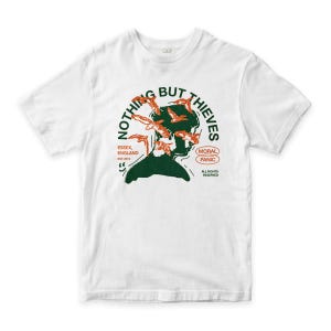 May include: White t-shirt with a green and orange graphic print of a person's head with birds flying around it. The text "Nothing But Thieves" is in a circle around the graphic. The text "Essex, England Est. 2012" is below the graphic. The text "Moral Panic" is in a circle below the graphic. The text "All Rights Reserved" is below the graphic.