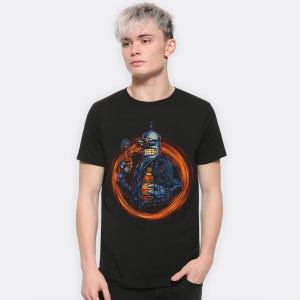 May include: Black t-shirt featuring a graphic of Bender from Futurama wearing a leather jacket, sunglasses, and holding a bottle of alcohol and a cigar. The graphic is surrounded by a glowing orange ring.