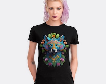 May include: A black t-shirt with a colorful graphic of a wolf's face surrounded by flowers. The wolf's fur is blue, green, and orange, and the flowers are pink, purple, and yellow.