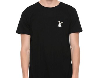 May include: Black short-sleeved t-shirt with a small cartoon bunny graphic on the left chest. The bunny is white with black and green accents. The shirt is made of a soft, comfortable material.