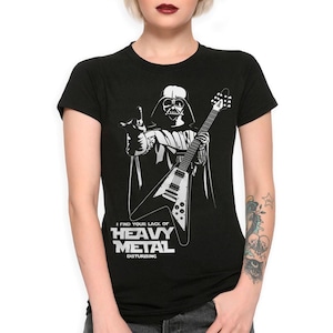 May include: Black t-shirt featuring a white illustration of Darth Vader playing an electric guitar with the text "I find your lack of Heavy Metal disturbing."