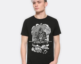 May include: Black t-shirt with a white graphic print of a character from a Japanese anime or manga. The character is sitting in a meditative pose with a staff in front of them. The character is surrounded by clouds.