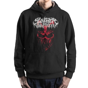 Könnte beinhalten: Schwarzer Kapuzenpullover mit roter und weißer Grafik. Die Grafik zeigt den Text "Slaughter to Prevail" über einem roten Schädeldesign. Der Pullover hat eine Vordertasche und eine Kapuze mit Kordelzug.